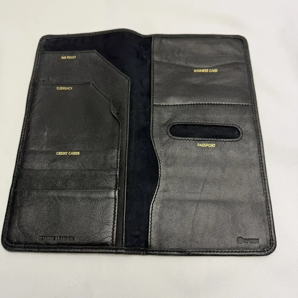 Winn International Lamb Leather Passport Travel Wallet Boarding Pass Black
